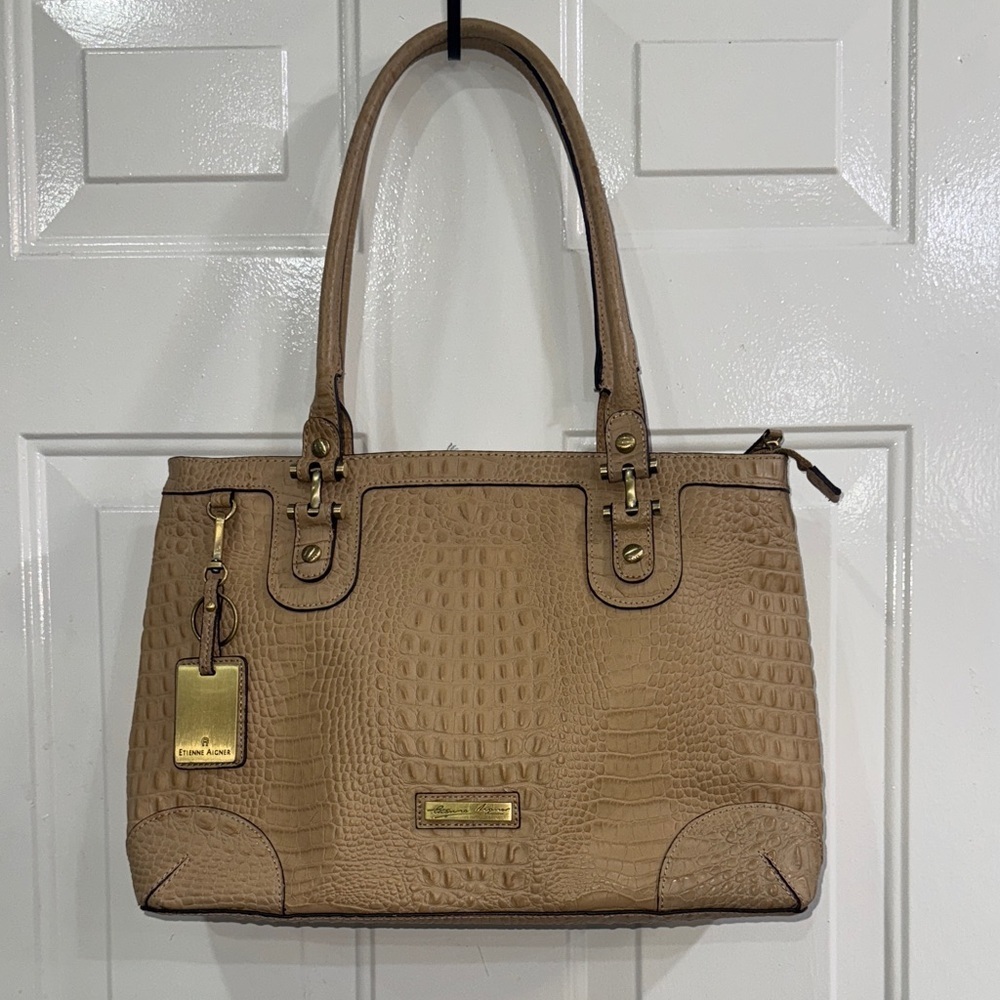 Etienne Aigner Beige Croc-Embossed Shoulder Bag